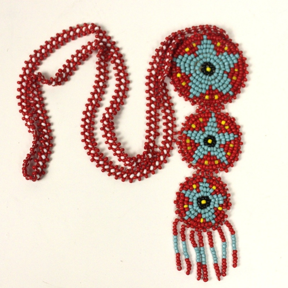 Vintage Boho Festival Statement Beaded Fringe Necklace Red Blue